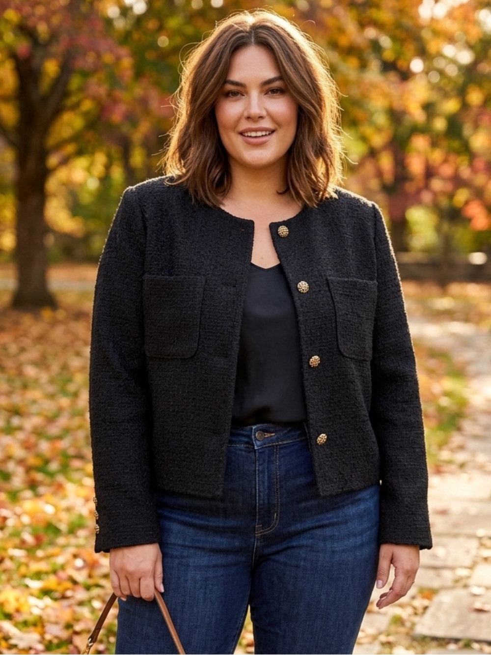 Belle Isle by Torrid Classic Black Tweed Textured Cropped Jacket w/Gold Buttons